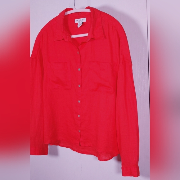 Rachel Zoe 100% Linen Button Front Size Medium Long Sleeve Red Orange Boho Basic - Picture 10 of 13